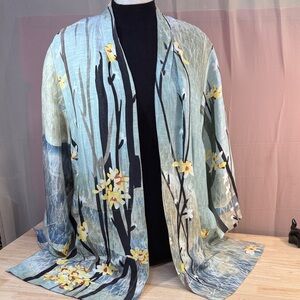 Citron Santa Monica Linen/Silk Open Kimono Floral Cape with Yellow Floral Accent